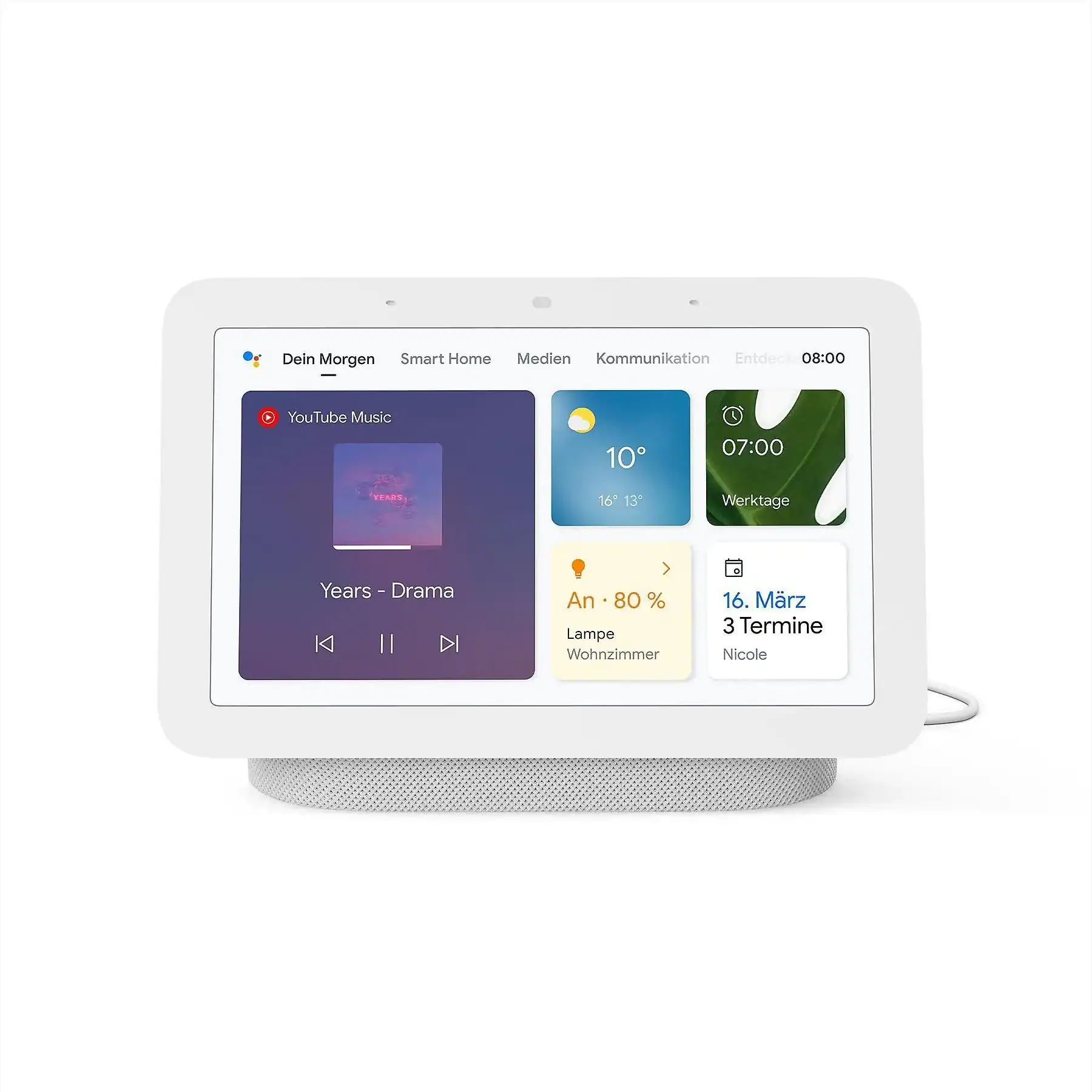 Interfejs Google Nest Hub 2 z widokiem dziennym: muzyka z YouTube, pogoda, oświetlenie i harmonogram dnia.