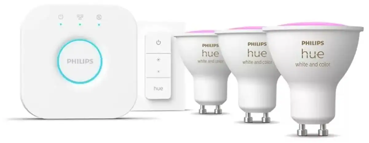 Zestaw Philips Hue z mostkiem, ściemniaczem i trzema żarówkami GU10 White and Color Ambiance
