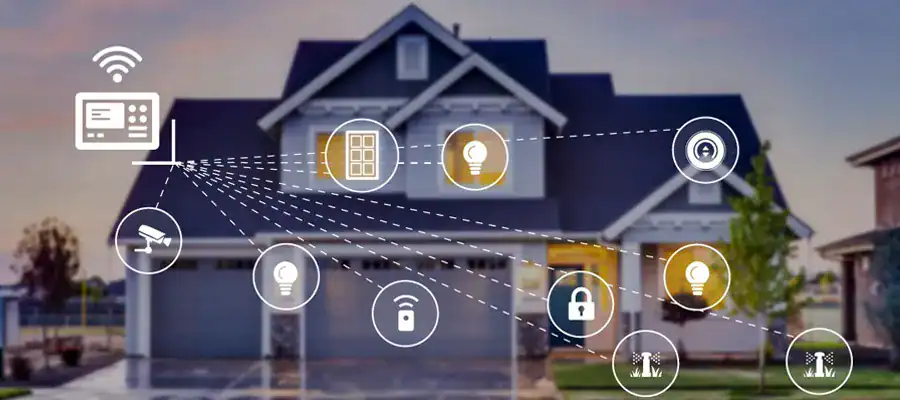 Rozrysowany schemat na tle smart home. ikona inteligentnych żarówek, pilotów, kamer, kłódki