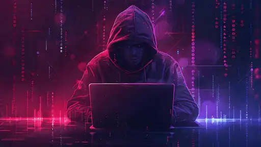 Haker w kapturze pracujący przy laptopie – symbol cyberzagrożeń w systemach smart home