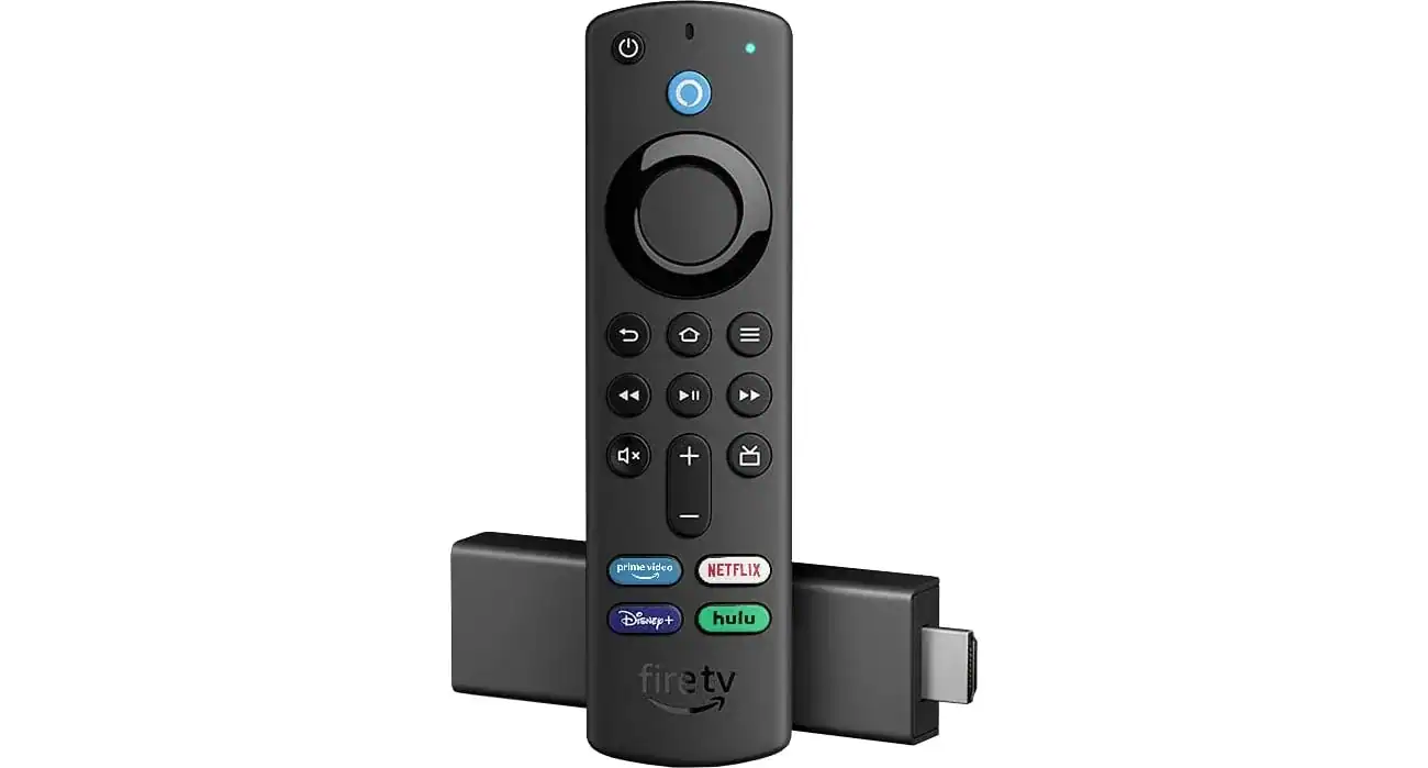 Amazon Fire TV Stick z pilotem, urządzenie do strumieniowania multimediów podłączane do portu HDMI telewizora.