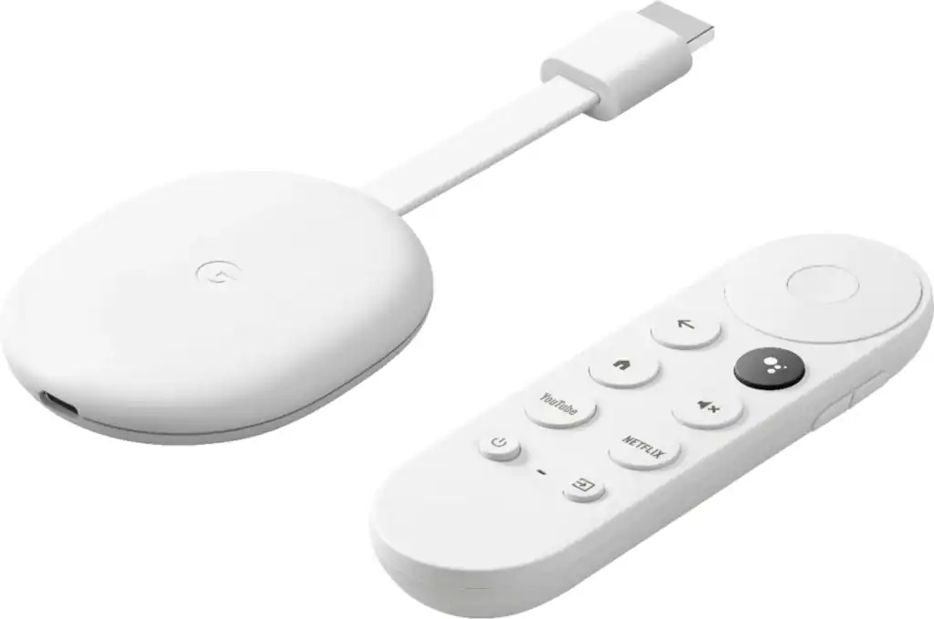 Zestaw składający się z owalnego dongla Chromecast i pilota z przyciskami szybkiego dostępu do YouTube, Netflix oraz Asystenta Google.