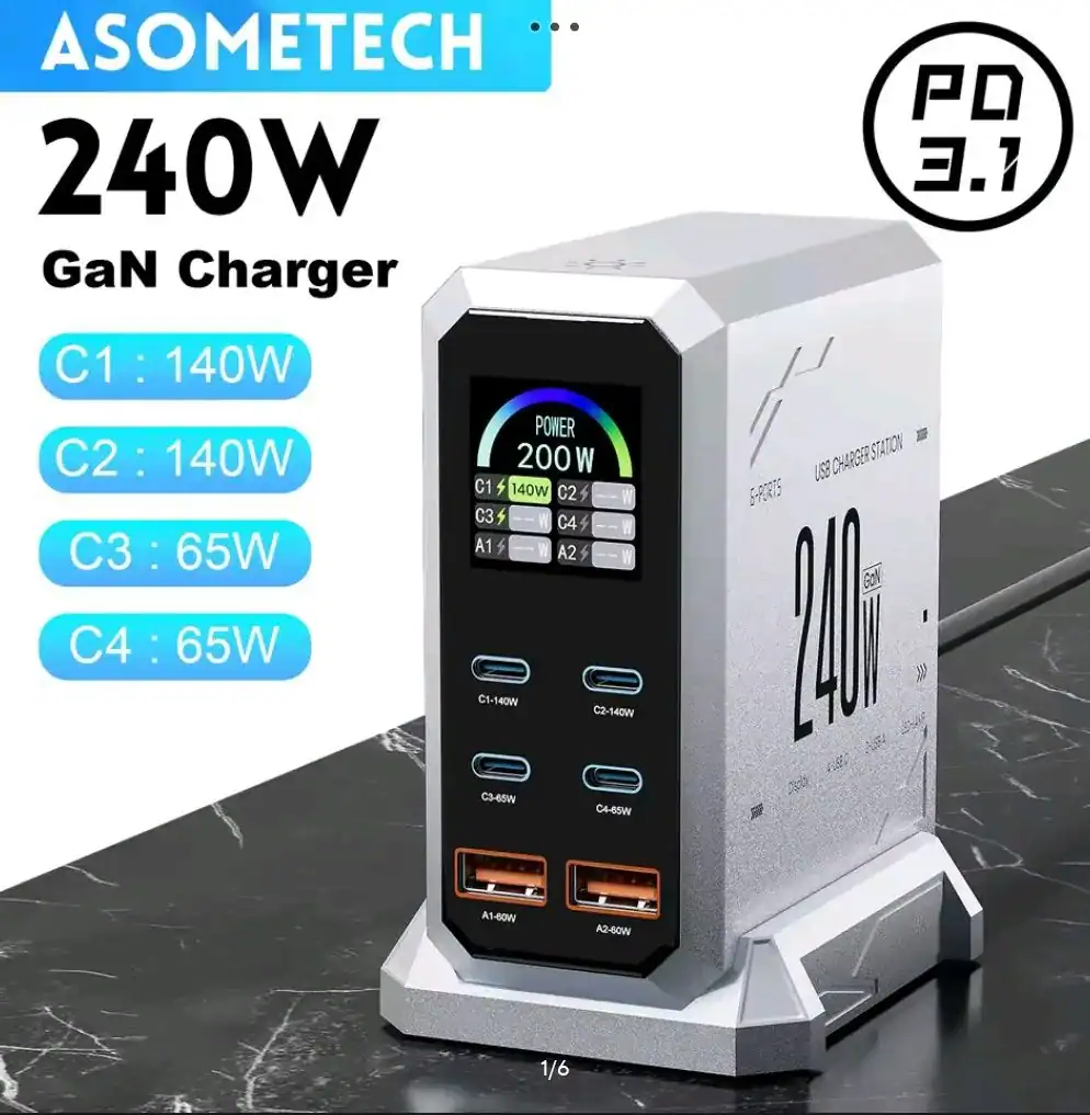 Asometech WH186 240W – szybka ładowarka GaN z wyświetlaczem i obsługą PD 3.1